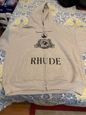 Rhude Light Men’s Gray Zip Up Hoodie with White Label